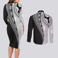 Fijian Masi Tattoos Couples Matching Long Sleeve Bodycon Dress and Long Sleeve Button Shirt with Tapa Tribal Pattern - Polynesian Pride