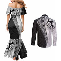 Fijian Masi Tattoos Couples Matching Mermaid Dress and Long Sleeve Button Shirt with Tapa Tribal Pattern - Polynesian Pride