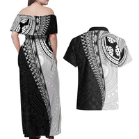 Fijian Masi Tattoos Couples Matching Off Shoulder Maxi Dress and Hawaiian Shirt with Tapa Tribal Pattern - Polynesian Pride