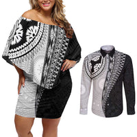 Fijian Masi Tattoos Couples Matching Off Shoulder Short Dress and Long Sleeve Button Shirt with Tapa Tribal Pattern - Polynesian Pride
