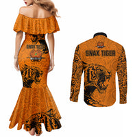 PNG Lae Snax Tigers Rugby Couples Matching Mermaid Dress and Long Sleeve Button Shirts The Tigers Head and PNG Bird Polynesian Tattoo LT03 - Polynesian Pride