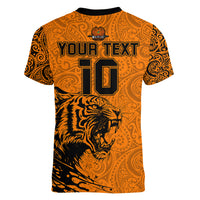 Custom PNG Lae Snax Tigers Rugby Women V Neck T Shirt The Tigers Head and PNG Bird Polynesian Tattoo LT03 - Polynesian Pride