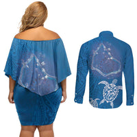 Cook Islands Manihiki Atoll Couples Matching Off Shoulder Short Dress and Long Sleeve Button Shirt Maori Turtle and Polynesian Pattern LT03 - Polynesian Pride