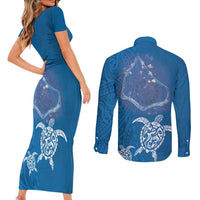 Cook Islands Manihiki Atoll Couples Matching Short Sleeve Bodycon Dress and Long Sleeve Button Shirt Maori Turtle and Polynesian Pattern LT03 - Polynesian Pride