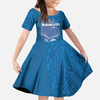 Cook Islands Manihiki Atoll Family Matching Off Shoulder Maxi Dress and Hawaiian Shirt Maori Turtle and Polynesian Pattern LT03 Daughter's Dress Blue - Polynesian Pride