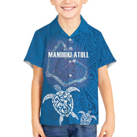 Cook Islands Manihiki Atoll Family Matching Off Shoulder Short Dress and Hawaiian Shirt Maori Turtle and Polynesian Pattern LT03 Son's Shirt Blue - Polynesian Pride