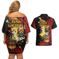 Papua New Guinea Christmas Couples Matching Off Shoulder Short Dress and Hawaiian Shirt Funny Melanesian Santa with Bird-of-paradise Tribal Style - Polynesian Pride