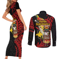Papua New Guinea Christmas Couples Matching Short Sleeve Bodycon Dress and Long Sleeve Button Shirt Funny Melanesian Santa with Bird-of-paradise Tribal Style - Polynesian Pride