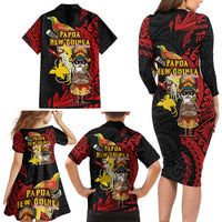 Papua New Guinea Christmas Family Matching Long Sleeve Bodycon Dress and Hawaiian Shirt Funny Melanesian Santa with Bird-of-paradise Tribal Style - Polynesian Pride