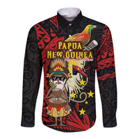Papua New Guinea Christmas Long Sleeve Button Shirt Funny Melanesian Santa with Bird-of-paradise Tribal Style - Polynesian Pride