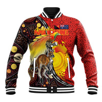 Australia and Papua New Guinea Together Baseball Jacket Bird-of-paradise and Kangaroo with Oro Tapa and Aboriginal Art Motifs - Polynesian Pride