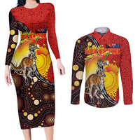 Australia and Papua New Guinea Together Couples Matching Long Sleeve Bodycon Dress and Long Sleeve Button Shirt Bird-of-paradise and Kangaroo with Oro Tapa and Aboriginal Art Motifs - Polynesian Pride