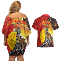 Australia and Papua New Guinea Together Couples Matching Off Shoulder Short Dress and Hawaiian Shirt Bird-of-paradise and Kangaroo with Oro Tapa and Aboriginal Art Motifs - Polynesian Pride