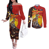Australia and Papua New Guinea Together Couples Matching Off The Shoulder Long Sleeve Dress and Long Sleeve Button Shirt Bird-of-paradise and Kangaroo with Oro Tapa and Aboriginal Art Motifs - Polynesian Pride