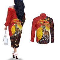 Australia and Papua New Guinea Together Couples Matching Off The Shoulder Long Sleeve Dress and Long Sleeve Button Shirt Bird-of-paradise and Kangaroo with Oro Tapa and Aboriginal Art Motifs - Polynesian Pride