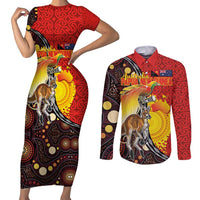 Australia and Papua New Guinea Together Couples Matching Short Sleeve Bodycon Dress and Long Sleeve Button Shirt Bird-of-paradise and Kangaroo with Oro Tapa and Aboriginal Art Motifs - Polynesian Pride