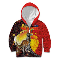 Australia and Papua New Guinea Together Kid Hoodie Bird-of-paradise and Kangaroo with Oro Tapa and Aboriginal Art Motifs - Polynesian Pride