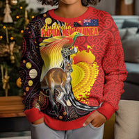 Australia and Papua New Guinea Together Kid Ugly Christmas Sweater Bird-of-paradise and Kangaroo with Oro Tapa and Aboriginal Art Motifs - Polynesian Pride