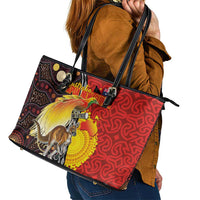 Australia and Papua New Guinea Together Leather Tote Bag Bird-of-paradise and Kangaroo with Oro Tapa and Aboriginal Art Motifs - Polynesian Pride