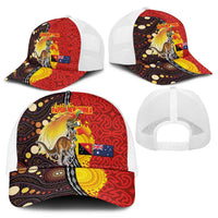 Australia and Papua New Guinea Together Mesh Trucker Cap Bird-of-paradise and Kangaroo with Oro Tapa and Aboriginal Art Motifs - Polynesian Pride