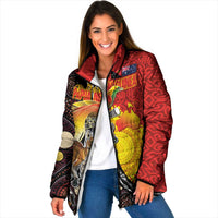 Australia and Papua New Guinea Together Padded Jacket Bird-of-paradise and Kangaroo with Oro Tapa and Aboriginal Art Motifs - Polynesian Pride