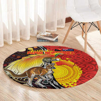 Australia and Papua New Guinea Together Round Carpet Bird-of-paradise and Kangaroo with Oro Tapa and Aboriginal Art Motifs - Polynesian Pride