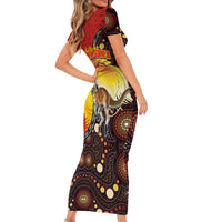 Australia and Papua New Guinea Together Short Sleeve Bodycon Dress Bird-of-paradise and Kangaroo with Oro Tapa and Aboriginal Art Motifs - Polynesian Pride