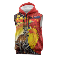 Australia and Papua New Guinea Together Sleeveless Zip Hoodie Bird-of-paradise and Kangaroo with Oro Tapa and Aboriginal Art Motifs LT03
