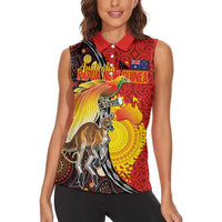 Australia and Papua New Guinea Together Women Sleeveless Polo Shirt Bird-of-paradise and Kangaroo with Oro Tapa and Aboriginal Art Motifs - Polynesian Pride