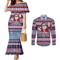 Fiji Christmas Couples Matching Mermaid Dress and Long Sleeve Button Shirts Fijian Santa and Coat of Arms Mix Tapa Pattern Striped Style LT03 Blue - Polynesian Pride