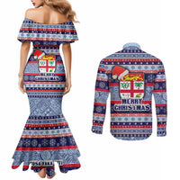 Fiji Christmas Couples Matching Mermaid Dress and Long Sleeve Button Shirts Fijian Santa and Coat of Arms Mix Tapa Pattern Striped Style LT03 - Polynesian Pride