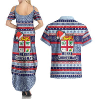 Fiji Christmas Couples Matching Summer Maxi Dress and Hawaiian Shirt Fijian Santa and Coat of Arms Mix Tapa Pattern Striped Style LT03 - Polynesian Pride