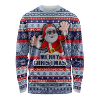 Fiji Christmas Long Sleeve Shirt Fijian Santa and Coat of Arms Mix Tapa Pattern Striped Style LT03 Unisex Blue - Polynesian Pride