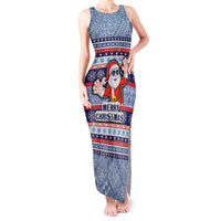Fiji Christmas Tank Maxi Dress Fijian Santa and Coat of Arms Mix Tapa Pattern Striped Style LT03 Women Blue - Polynesian Pride