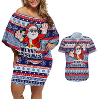 Custom Fiji Christmas Couples Matching Off Shoulder Short Dress and Hawaiian Shirt Fijian Santa and Coat of Arms Mix Tapa Pattern Striped Style LT03 Blue - Polynesian Pride