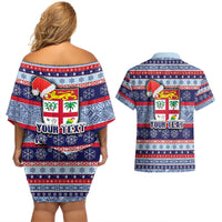 Custom Fiji Christmas Couples Matching Off Shoulder Short Dress and Hawaiian Shirt Fijian Santa and Coat of Arms Mix Tapa Pattern Striped Style LT03 - Polynesian Pride