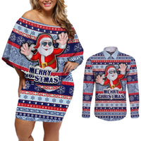 Custom Fiji Christmas Couples Matching Off Shoulder Short Dress and Long Sleeve Button Shirts Fijian Santa and Coat of Arms Mix Tapa Pattern Striped Style LT03 Blue - Polynesian Pride