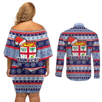 Custom Fiji Christmas Couples Matching Off Shoulder Short Dress and Long Sleeve Button Shirts Fijian Santa and Coat of Arms Mix Tapa Pattern Striped Style LT03 - Polynesian Pride