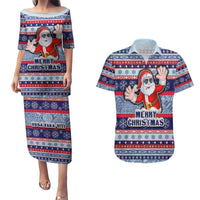 Custom Fiji Christmas Couples Matching Puletasi Dress and Hawaiian Shirt Fijian Santa and Coat of Arms Mix Tapa Pattern Striped Style LT03 Blue - Polynesian Pride