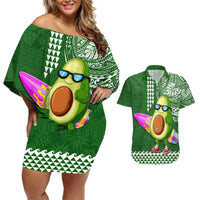 Aloha Avocado Funny Fruits Custom Couples Matching Off Shoulder Short Dress and Hawaiian Shirt Mix Hawaiian Kakau Tribal LT03 Green - Polynesian Pride