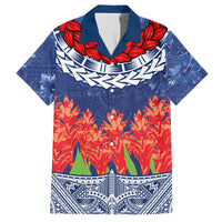 Samoan Tapa Family Matching Off Shoulder Short Dress and Hawaiian Shirt Ula Fala and Teuila Flower LT03 Dad's Shirt - Short Sleeve Blue - Polynesian Pride