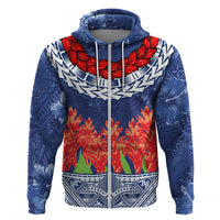 Samoan Tapa Hoodie Ula Fala and Teuila Flower LT03 Zip Hoodie Blue - Polynesian Pride