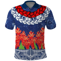 Samoan Tapa Polo Shirt Ula Fala and Teuila Flower LT03 Blue - Polynesian Pride