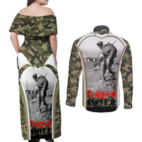New Zealand and Australia ANZAC Day Couples Matching Off Shoulder Maxi Dress and Long Sleeve Button Shirt Koala and Kiwi Bird Soldier Gallipoli Camouflage Style LT03 - Polynesian Pride