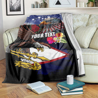 Personalised United States and American Samoa Blanket Bald Eagle Rose and Hibiscus Flower LT03 Blue - Polynesian Pride