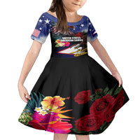 Personalised United States and American Samoa Kid Short Sleeve Dress Bald Eagle Rose and Hibiscus Flower LT03 KID Blue - Polynesian Pride