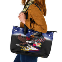 Personalised United States and American Samoa Leather Tote Bag Bald Eagle Rose and Hibiscus Flower LT03 Blue - Polynesian Pride