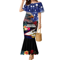 Personalised United States and American Samoa Mermaid Dress Bald Eagle Rose and Hibiscus Flower LT03 Women Blue - Polynesian Pride