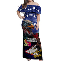 Personalised United States and American Samoa Off Shoulder Maxi Dress Bald Eagle Rose and Hibiscus Flower LT03 Women Blue - Polynesian Pride