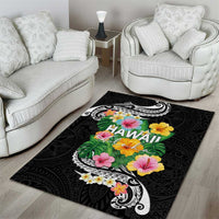 Hawaii Aloha Tropical Leaves and Flower Area Rug with Polynesian Art Tattoo Black Color - Polynesian Pride